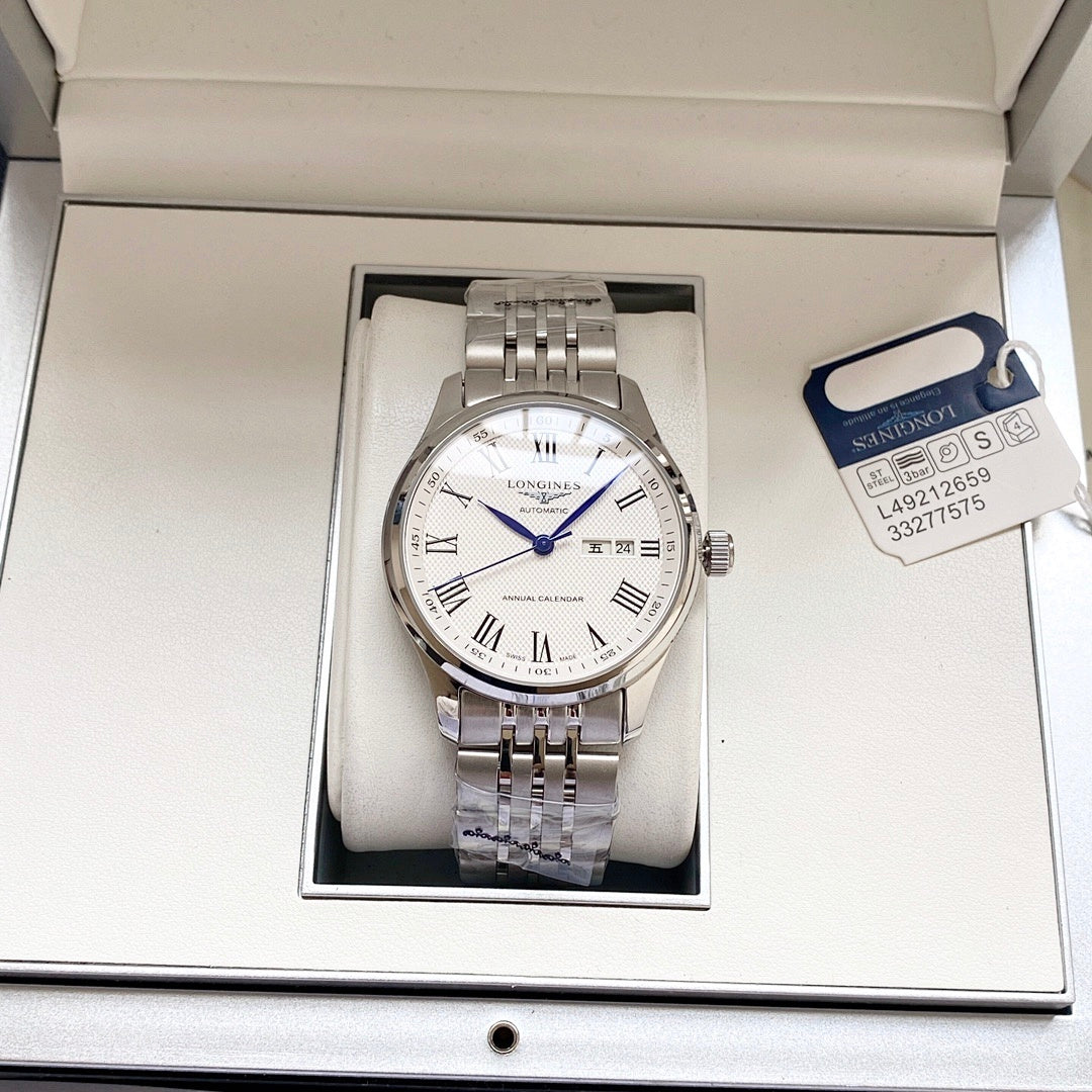 Longines watch in box, silver steel bracelet with white dial and Roman numeral markers