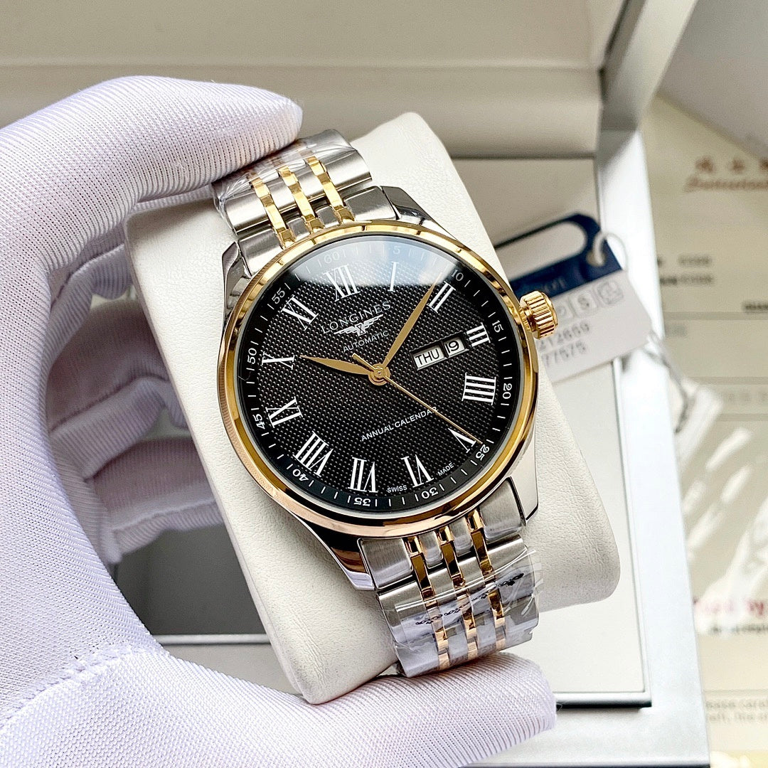 Two-tone Longines watch, black dial with Roman numerals, gold accents, steel bracelet