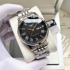 Longines watch, black dial with Roman numerals and steel bracelet, date window