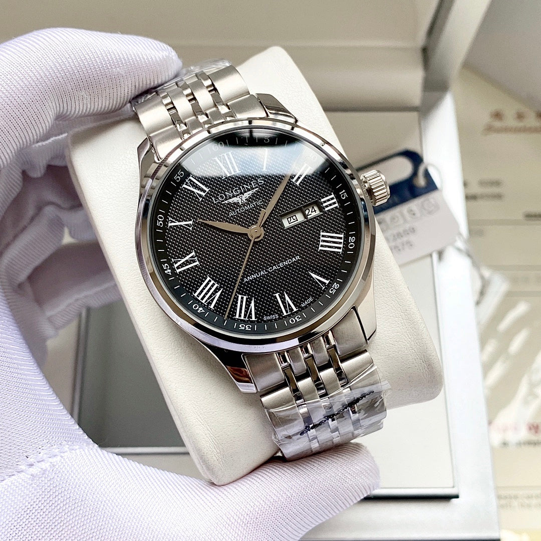 Longines watch, black dial with Roman numerals and steel bracelet, date window