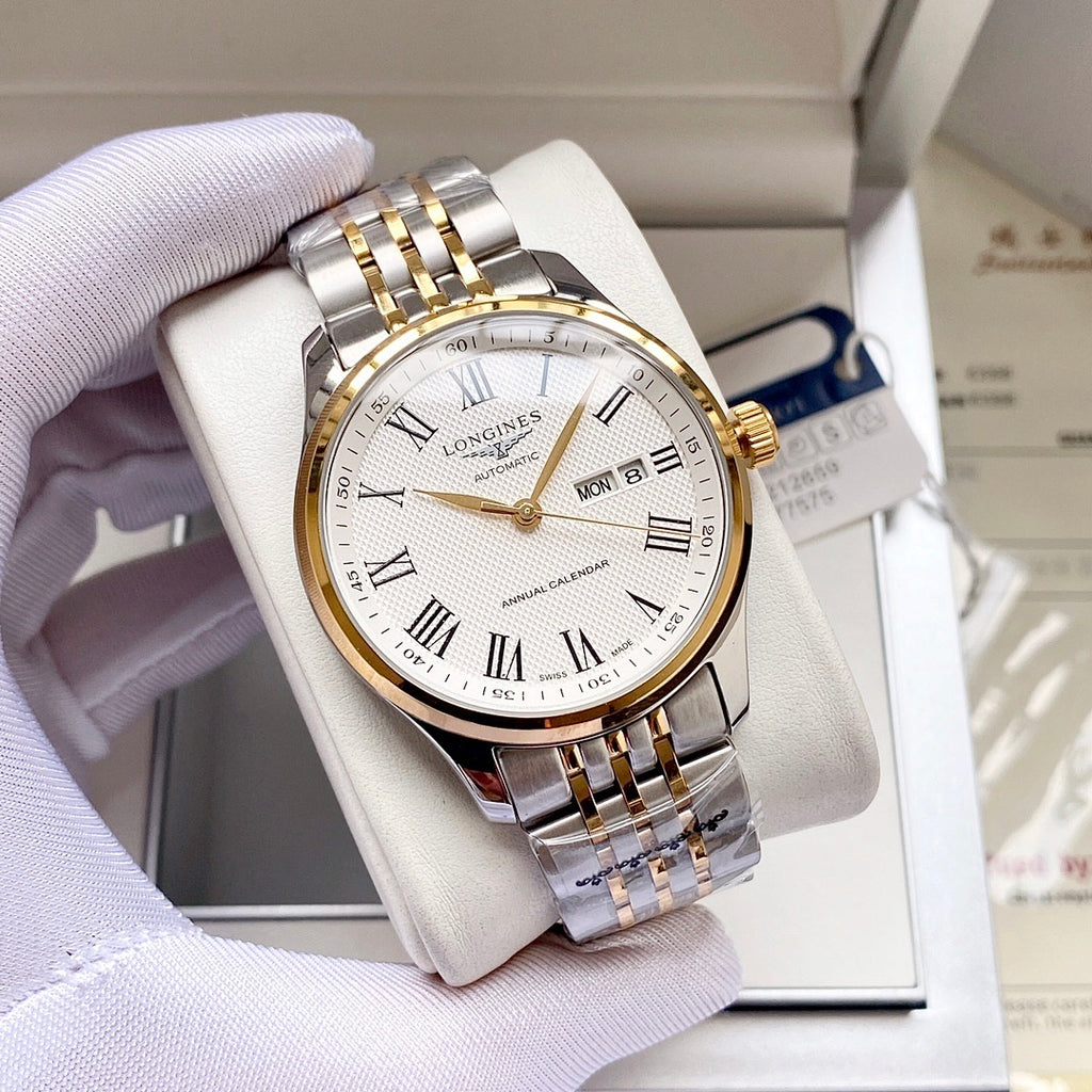 Two-tone Longines watch, white dial with Roman numerals, gold accents, date window