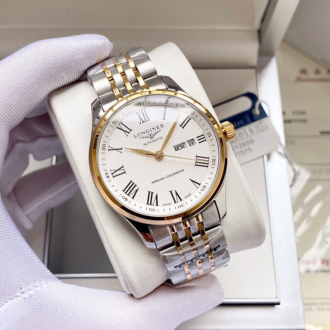 Two-tone Longines watch, white dial with Roman numerals, gold accents, date window