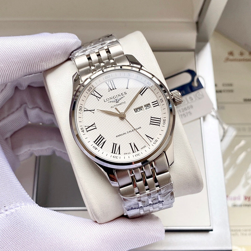 Longines watch, light dial with Roman numerals, steel bracelet, date window at 25