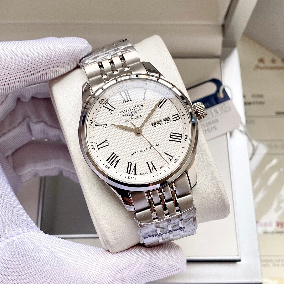 Longines watch, light dial with Roman numerals, steel bracelet, date window at 25