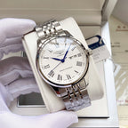 Longines watch, black dial with Roman numerals, steel bracelet, date window