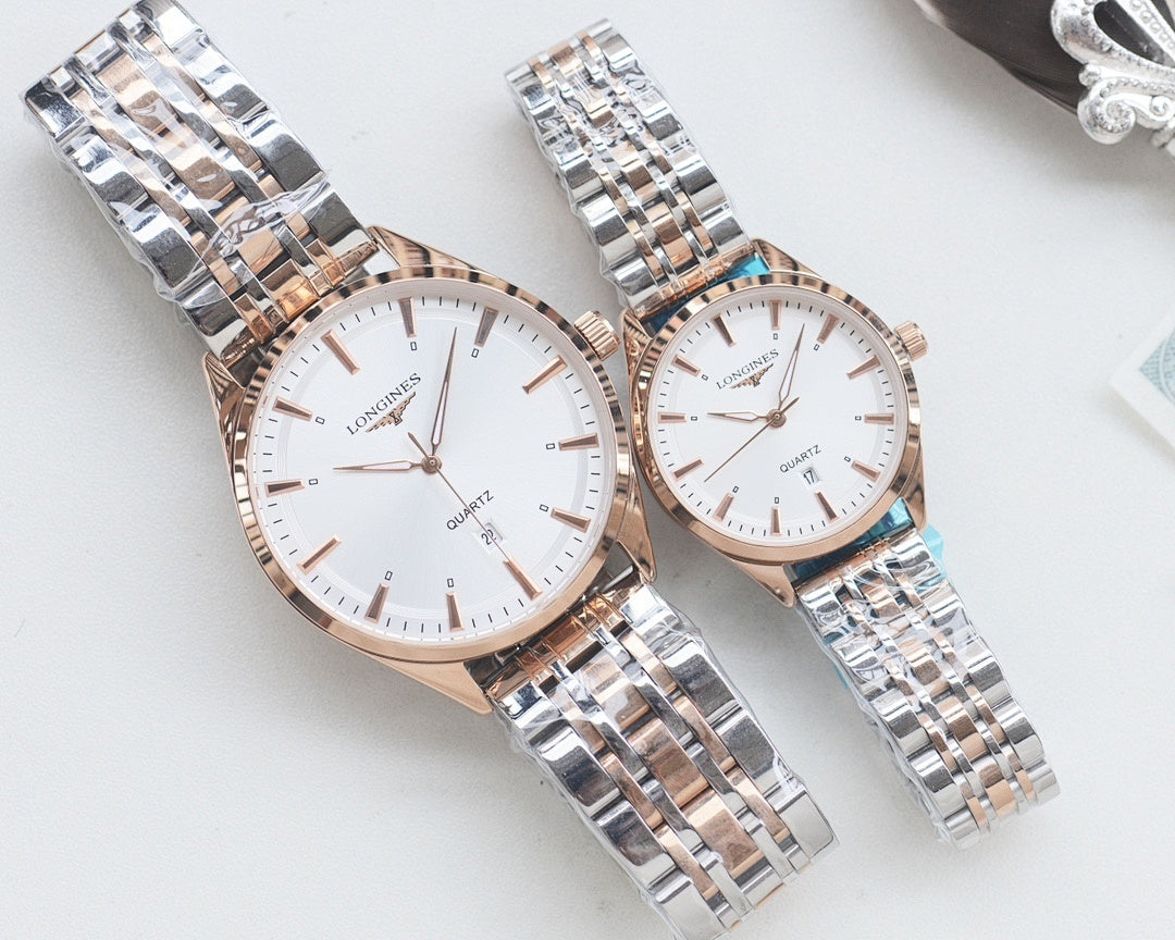 Quartz wristwatches with white dial and silver metal bracelet, rose-gold tone cases, two-pack.