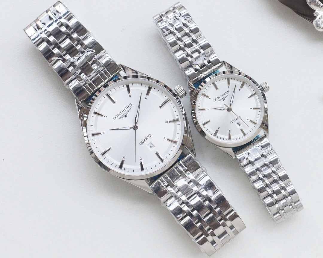 Quartz wristwatches with white dial and silver metal link bracelet, two-pack.