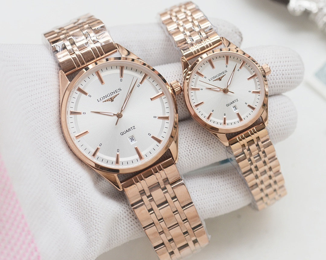 Quartz wristwatches with white dial and rose-gold tone metal bracelet, two-pack.