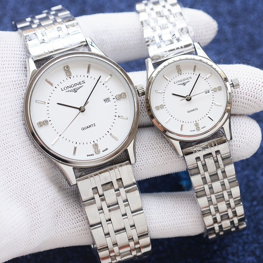 Quartz wristwatch with silver link bracelet, silver case, white dial