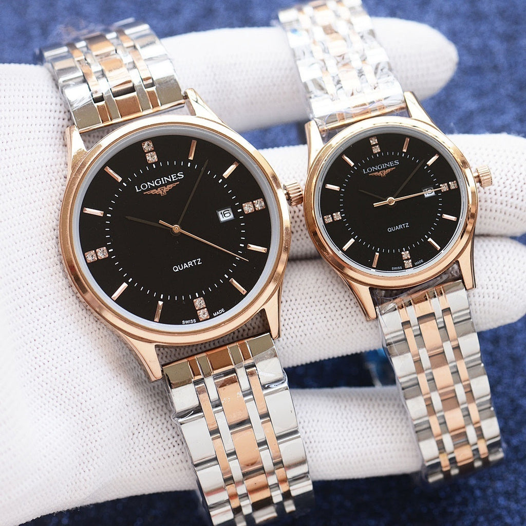 Quartz wristwatch with silver link bracelet, rose-gold bezel, black dial