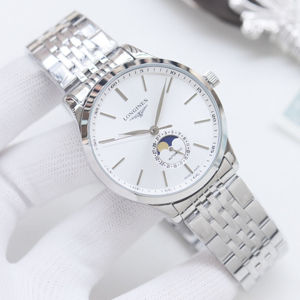 Longines wristwatch with white dial and silver stainless-steel link bracelet