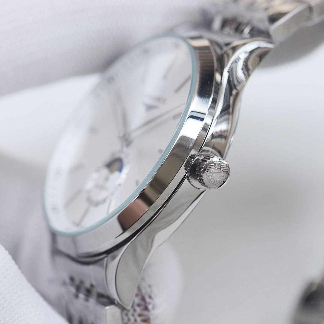 Longines watch side profile with crown and smooth polished steel bezel