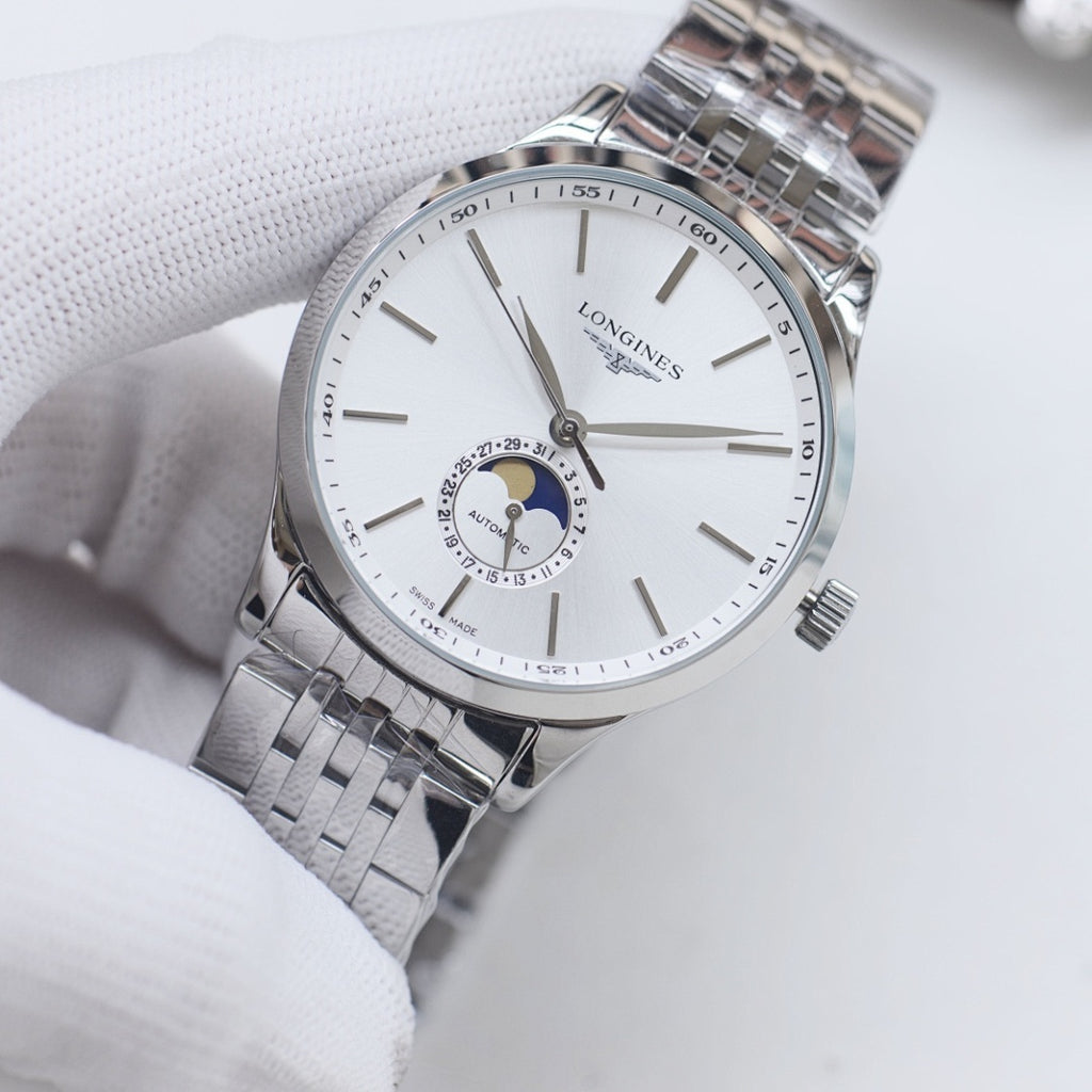 Longines wristwatch with white dial and silver stainless-steel link bracelet