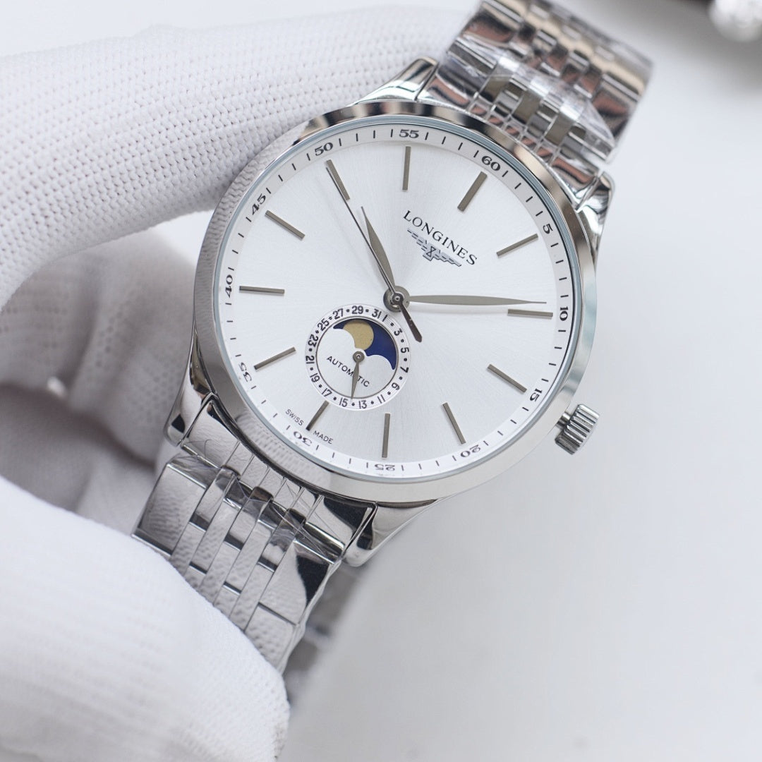 Longines wristwatch with white dial and silver stainless-steel link bracelet