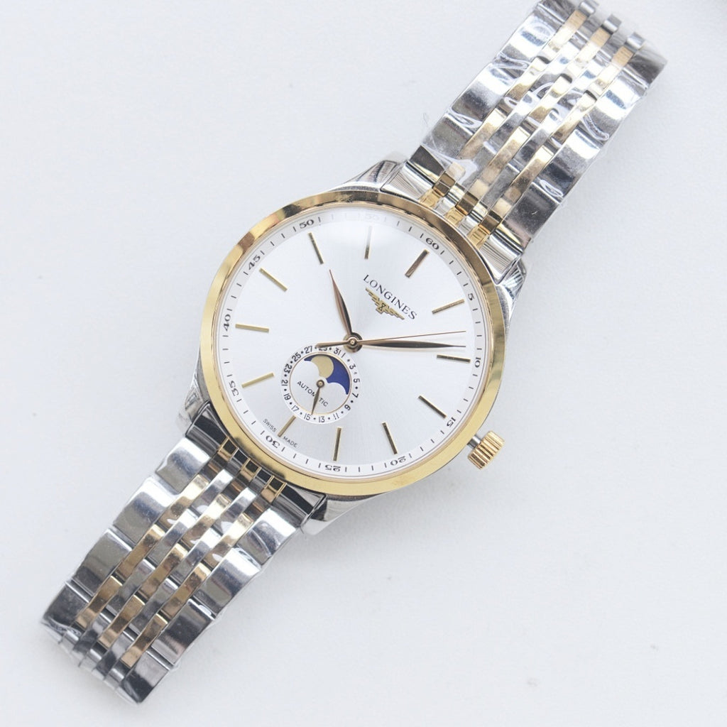 Longines wristwatch with white dial, gold-tone accents, and steel link bracelet