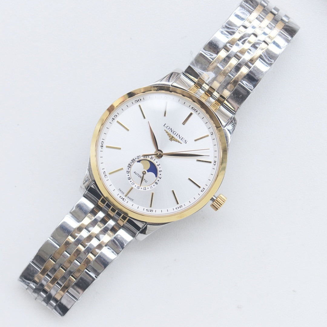 Longines wristwatch with white dial, gold-tone accents, and steel link bracelet