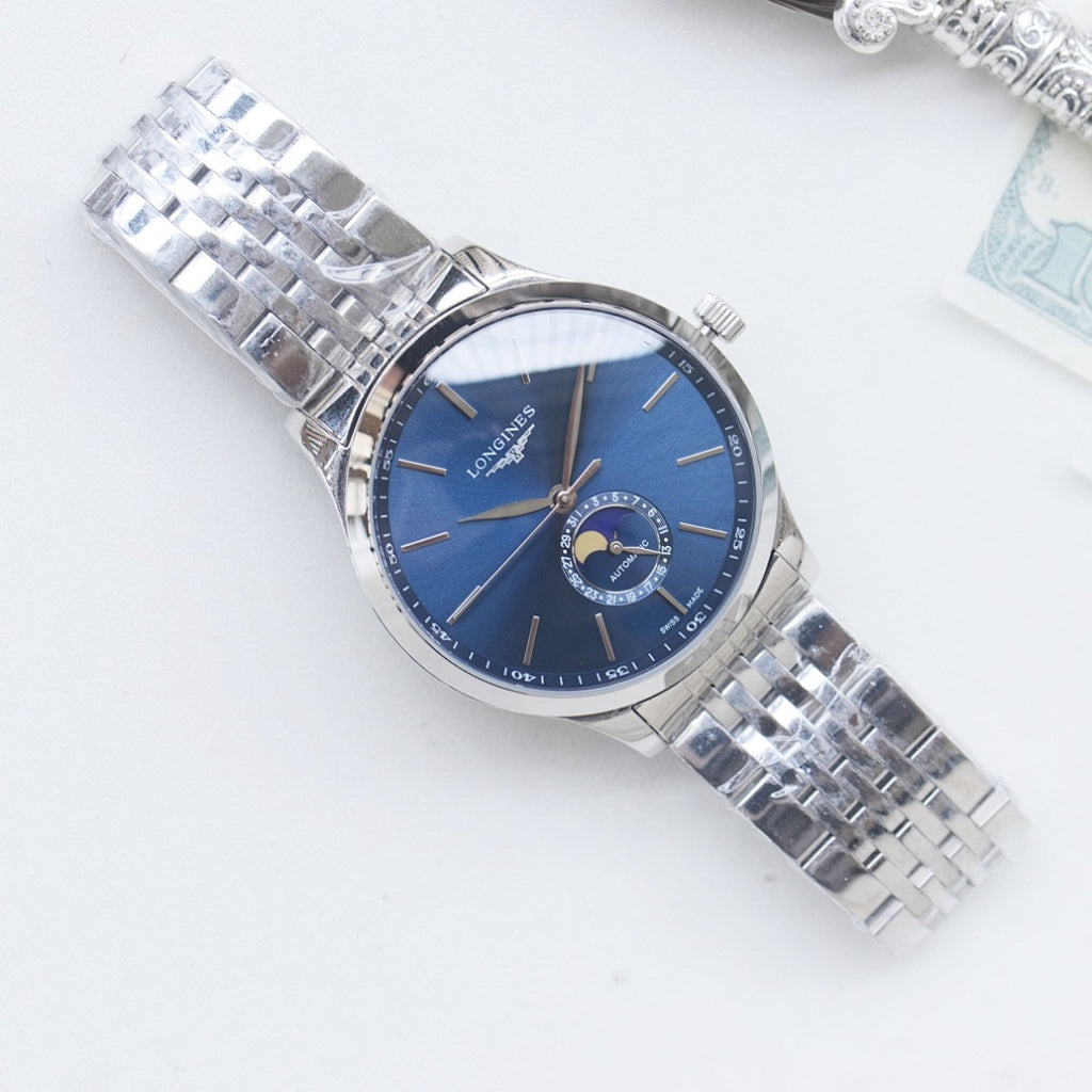 Longines wristwatch with blue dial and silver stainless-steel link bracelet