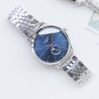 Longines wristwatch with blue dial and silver stainless-steel link bracelet