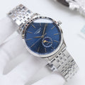 Longines wristwatch with blue dial and silver stainless-steel link bracelet