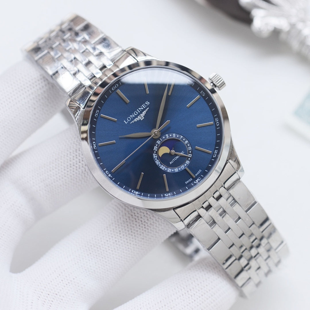 Longines wristwatch with blue dial and silver stainless-steel link bracelet