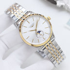 Longines wristwatch with white dial, gold-tone bezel, and silver steel bracelet