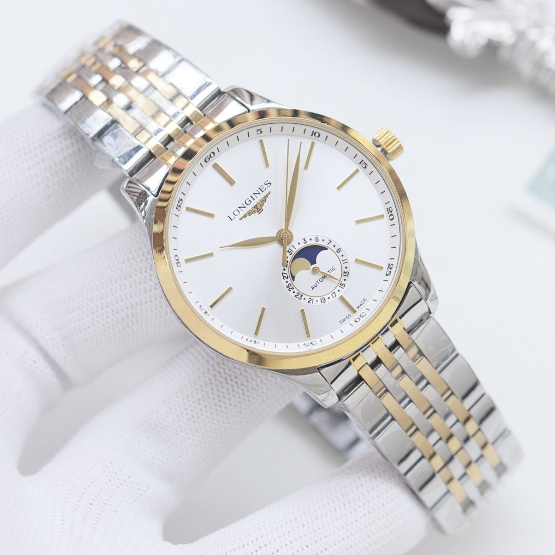 Longines wristwatch with white dial, gold-tone bezel, and silver steel bracelet