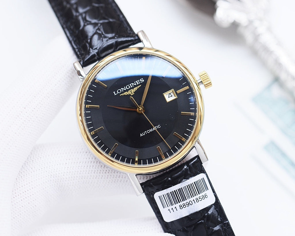 Longines watch with gold-tone bezel, dark blue dial, black leather strap, date at 4