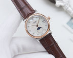 Longines watch, brown leather strap, rose-gold case, white dial with moon-phase.