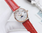 Longines watch, red leather strap, rose-gold case, white dial with moon-phase.