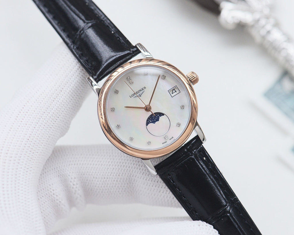 Longines watch, black leather strap, rose-gold case, white dial with moon-phase.