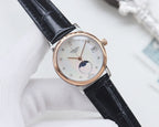 Longines watch, black leather strap, rose-gold case, white dial with moon-phase.