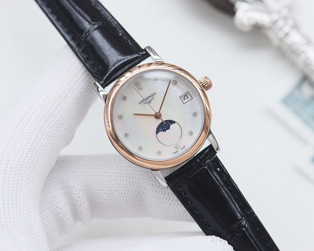 Longines watch, black leather strap, rose-gold case, white dial with moon-phase.