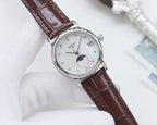 Longines watch, brown leather strap, silver case, white dial with moon-phase.