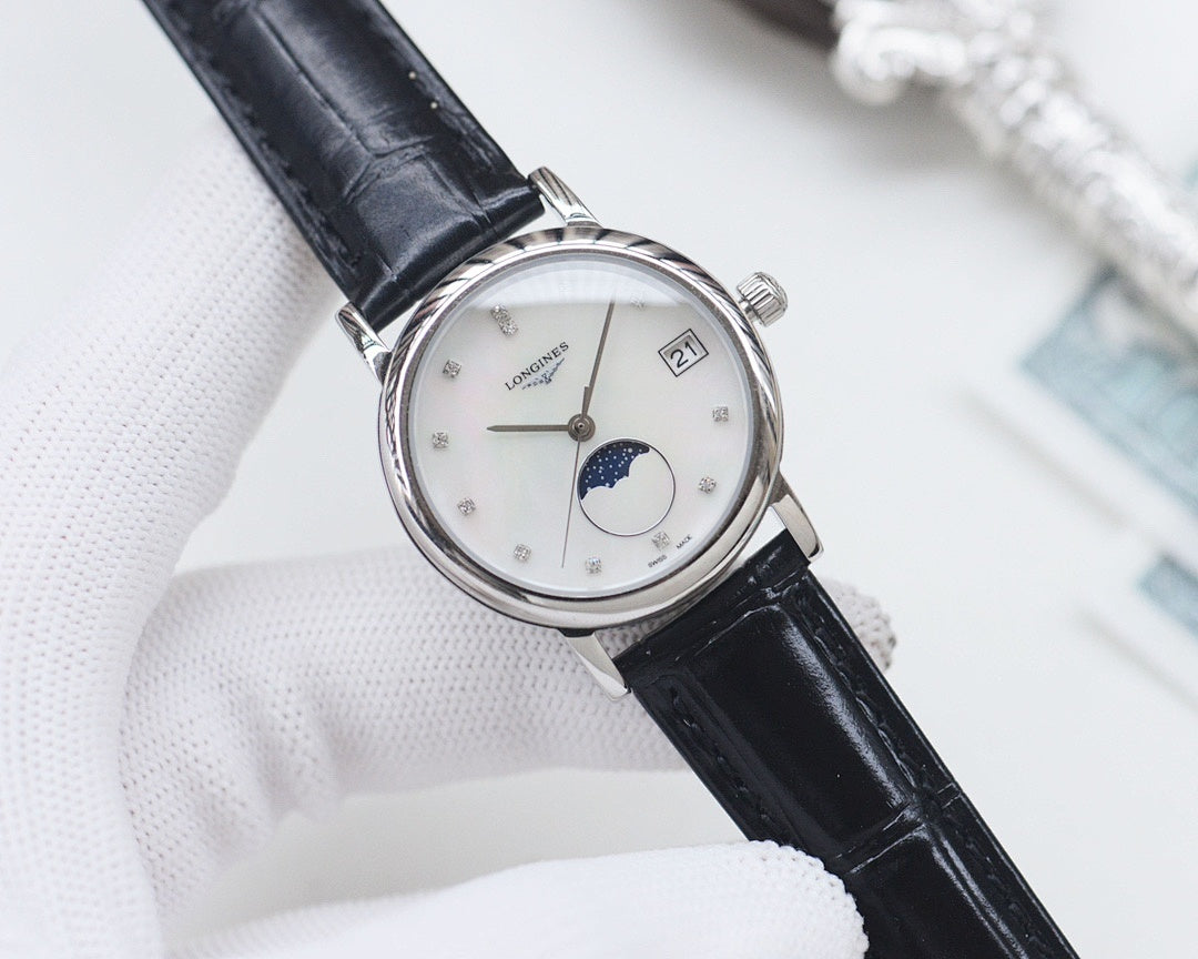 Longines watch, black leather strap, silver case, white dial with moon-phase.