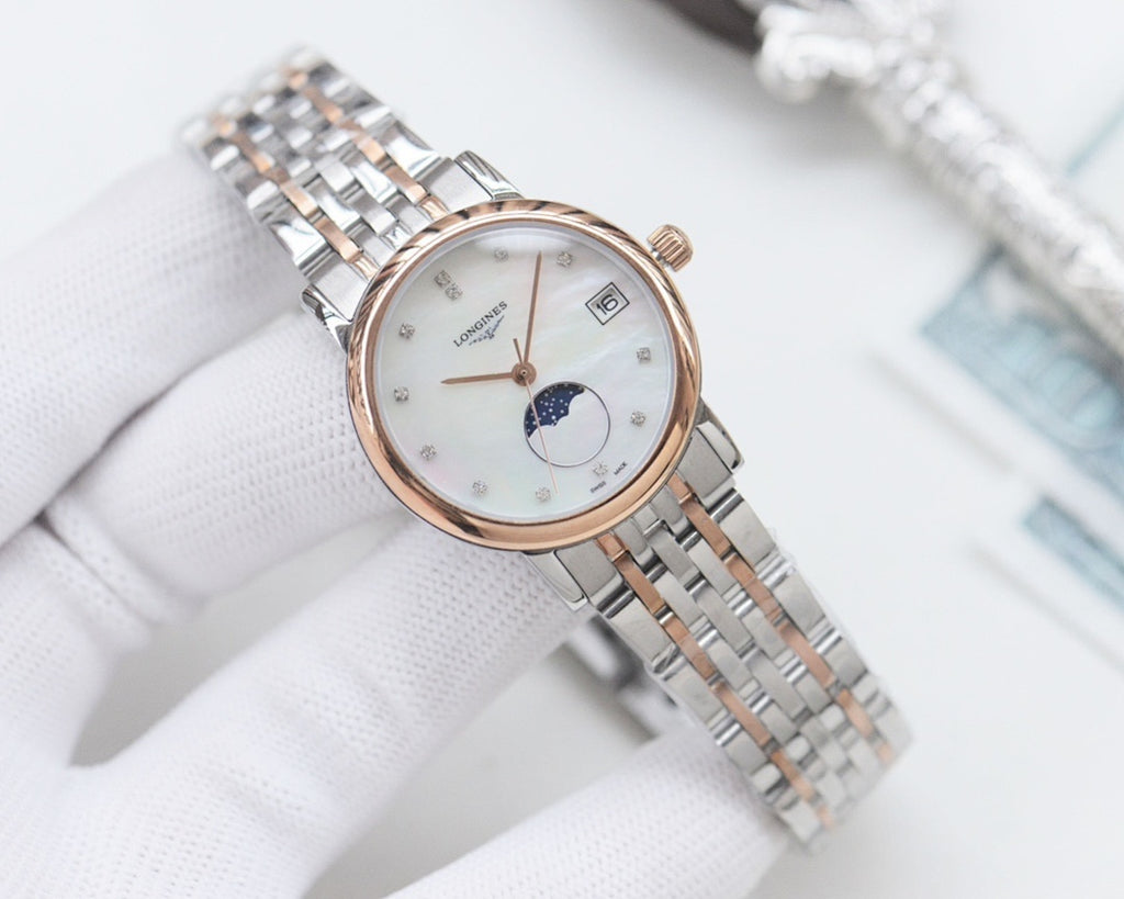 Longines watch, silver metal bracelet, rose-gold case, white dial with moon-phase.