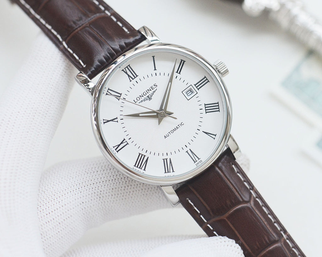 Longines automatic wristwatch, silver-tone case, white dial, brown leather strap