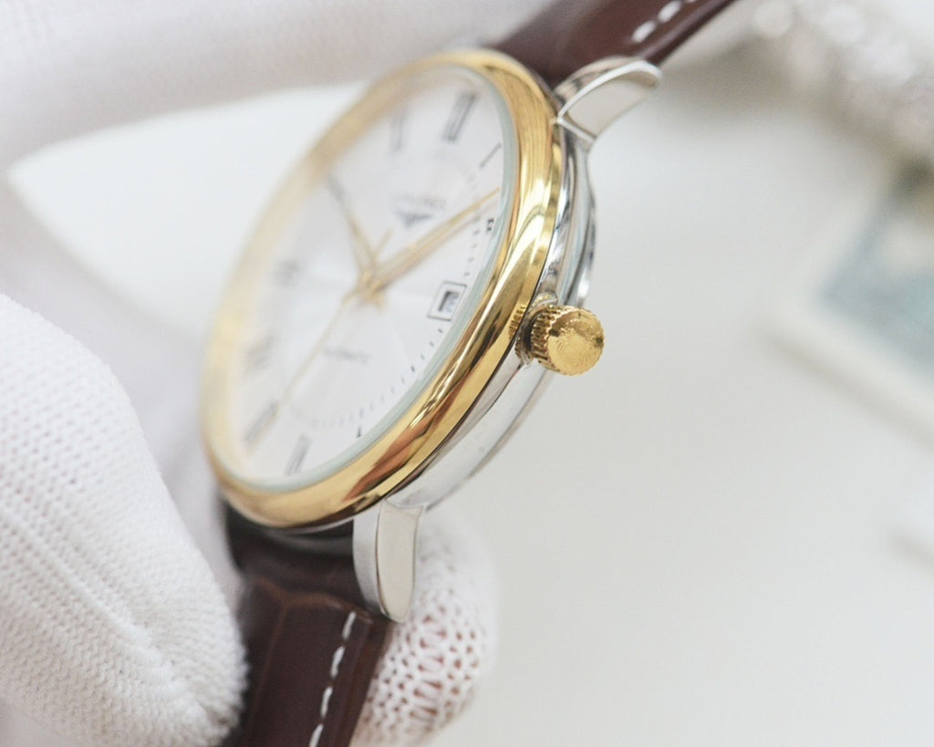 Longines automatic wristwatch, gold-tone case detail, white dial, brown leather strap