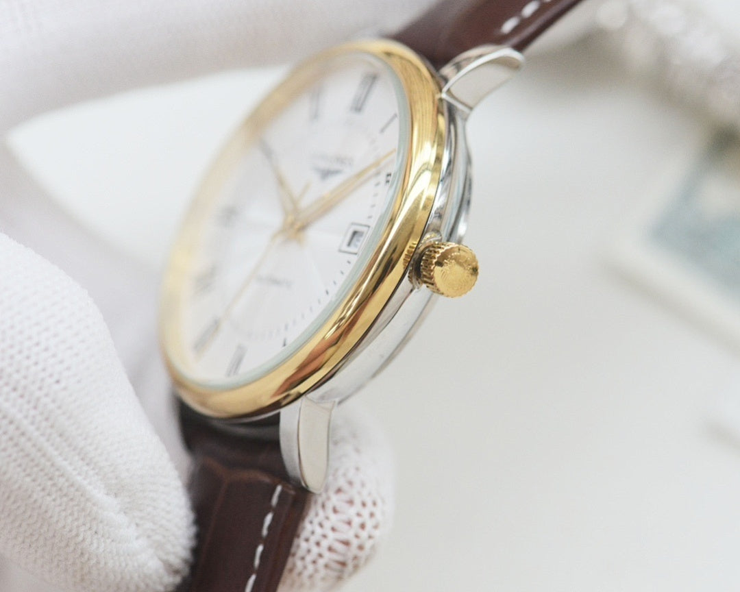 Longines automatic wristwatch, gold-tone case detail, white dial, brown leather strap