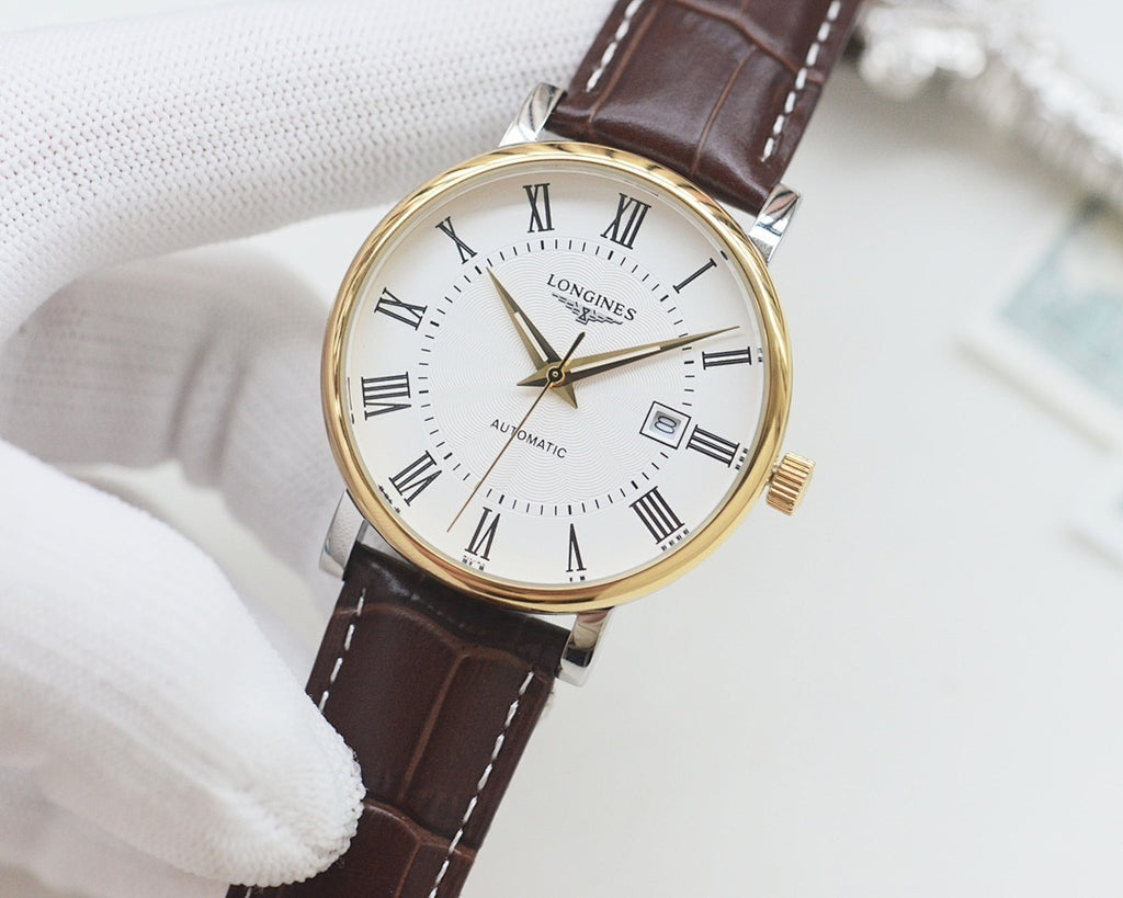 Longines automatic wristwatch, gold-tone case, white dial, brown leather strap