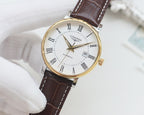 Longines automatic wristwatch, gold-tone case, white dial, brown leather strap