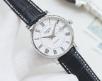 Longines automatic wristwatch, silver-tone case, white dial, black leather strap