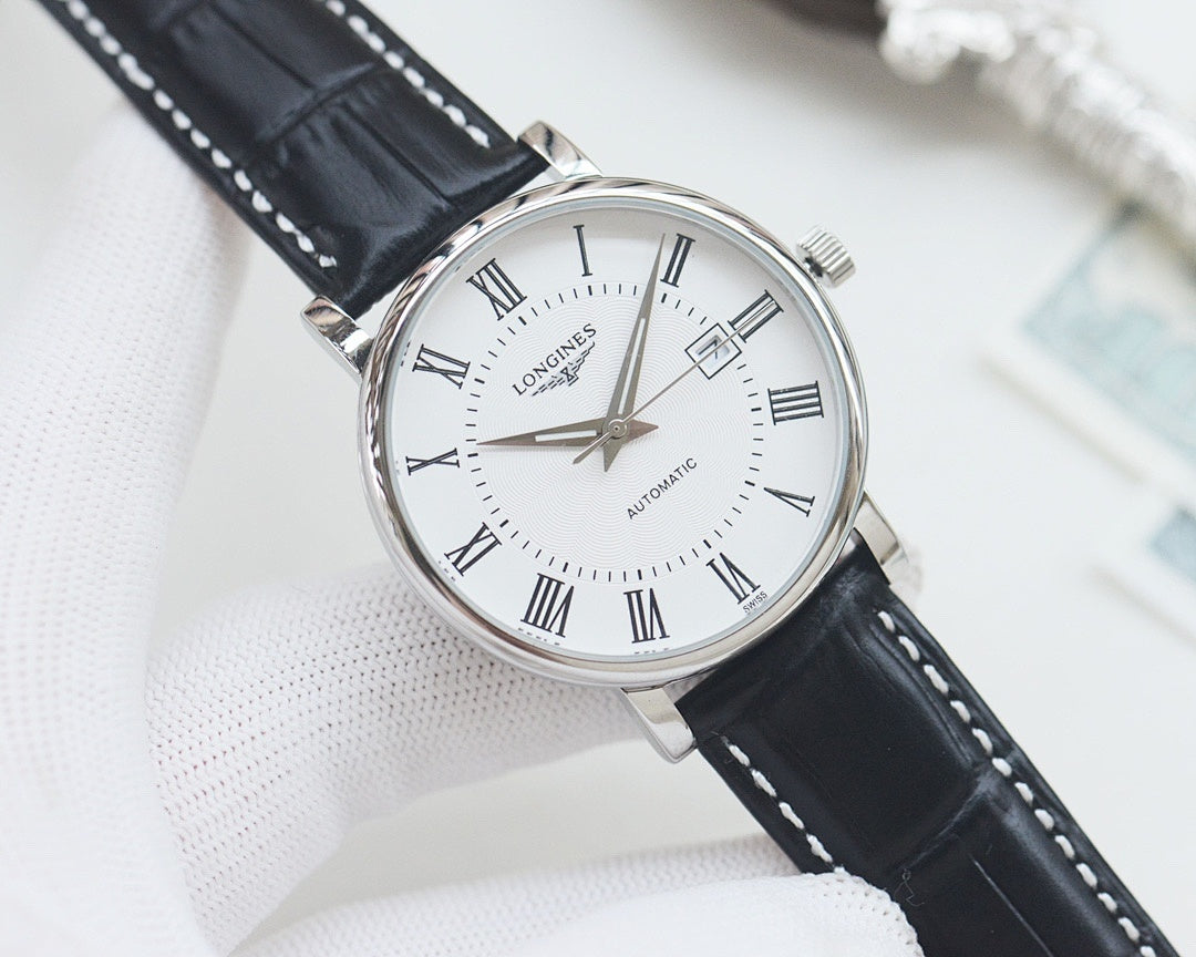Longines automatic wristwatch, silver-tone case, white dial, black leather strap
