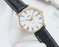 Longines automatic wristwatch, gold-tone case, white dial, black leather strap