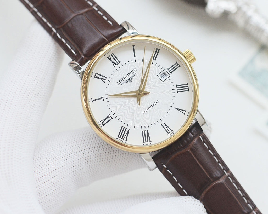 Longines automatic wristwatch, gold-tone case, white dial, brown leather strap