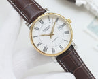 Longines automatic wristwatch, gold-tone case, white dial, brown leather strap