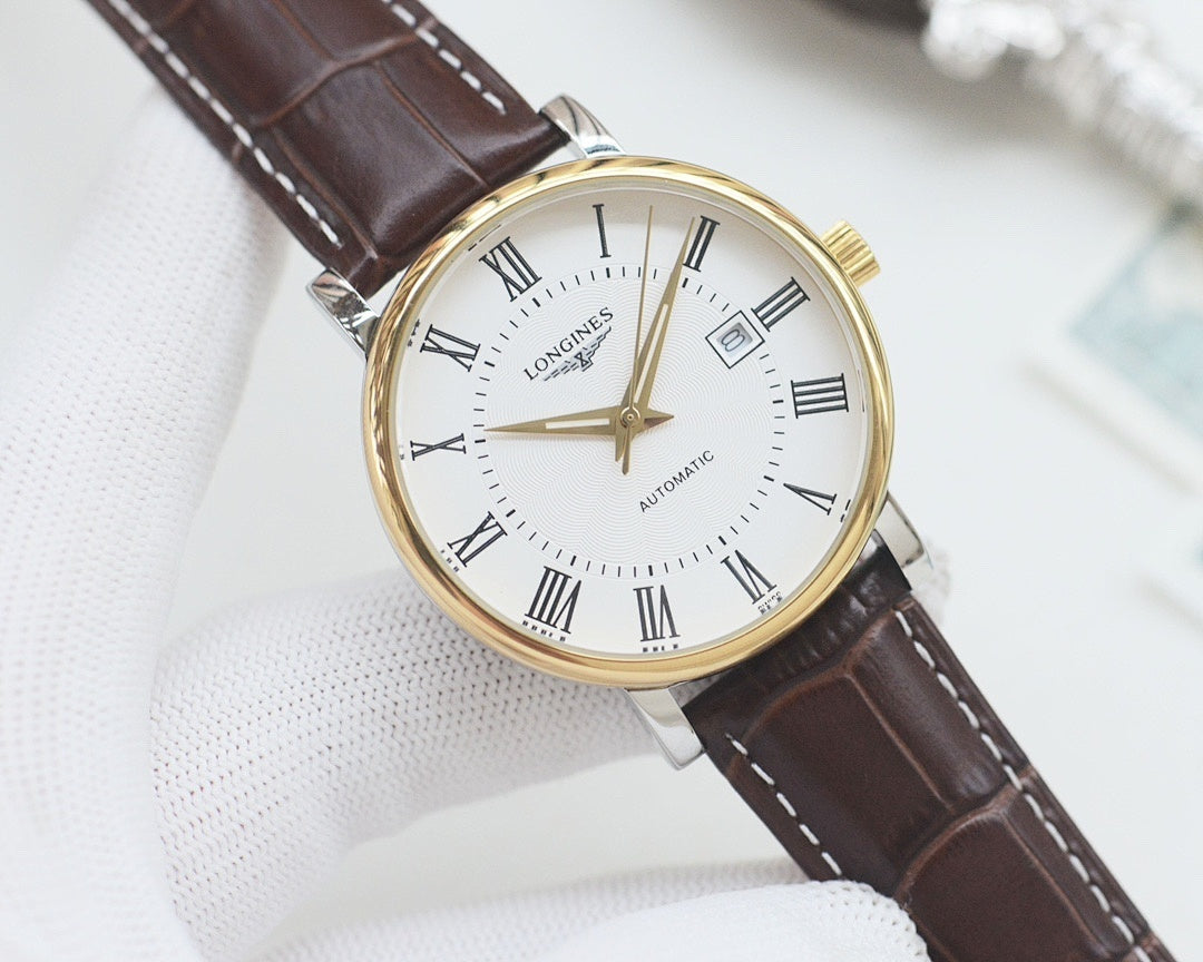 Longines automatic wristwatch, gold-tone case, white dial, brown leather strap