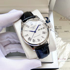 Longines wristwatch with white dial, blue marker accents, steel case, black leather strap