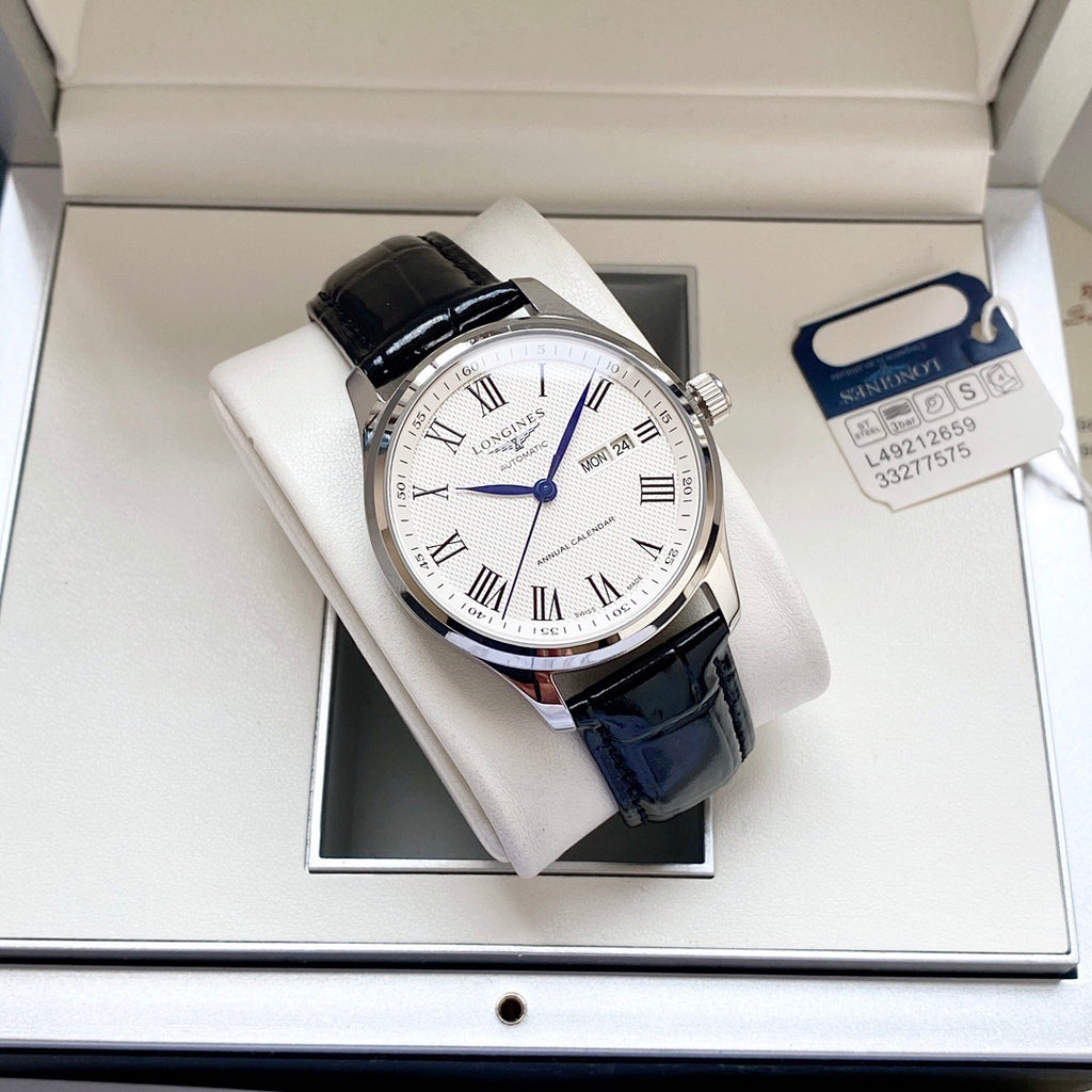 Longines wristwatch with white dial, blue center detail, black leather strap, Roman numerals
