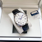 Longines wristwatch with white dial, blue center detail, black leather strap, Roman numerals