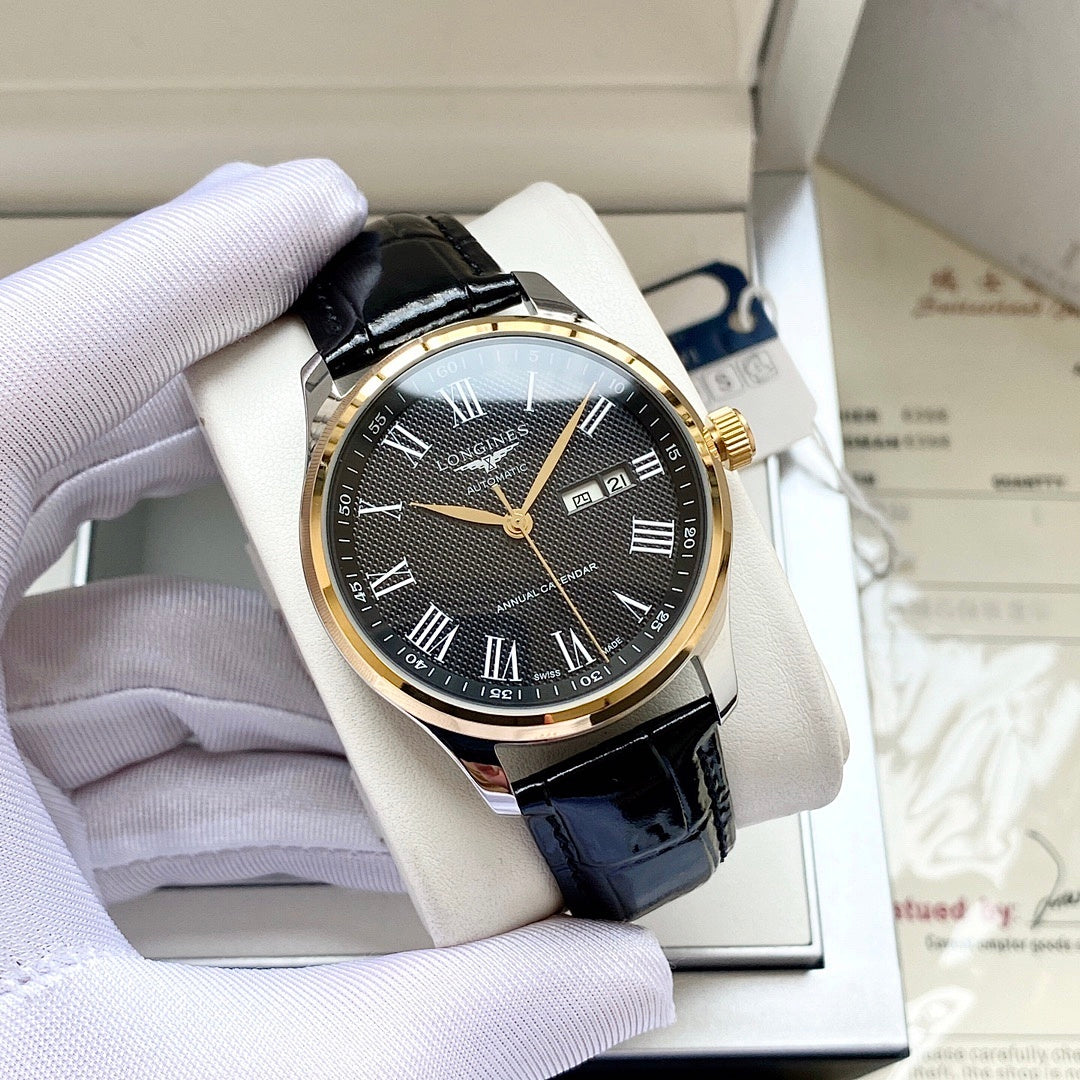 Longines wristwatch with dark textured dial, gold-tone case, black leather strap, Roman numerals